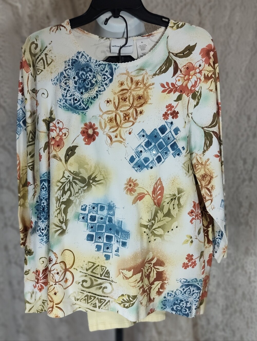 Alfred Dunner Cream Crewneck Top with Blue, Rust and Green Print